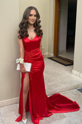 Red Spaghetti Strap Evening Dress with Slit